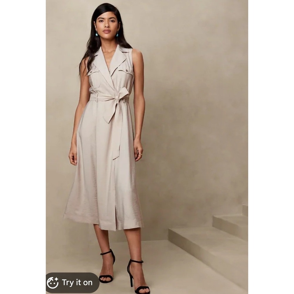 Banana Republic Sleeveless Utility Twill Maxi Dress Oyster Pearl 628556-01 Sz 12